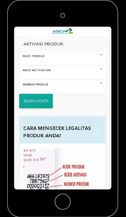 laman depan untuk cek keaslian produk adev natural indonesia via handphone