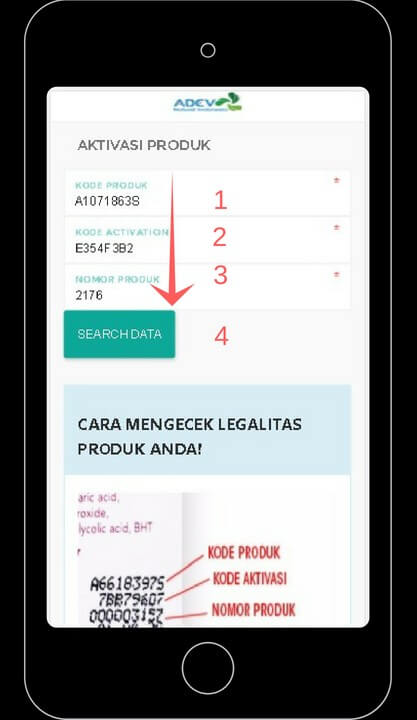 Masukkan kode produk, kode aktivasi dan nomor produk adev via hape