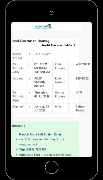hasil validasi bahwa produk asli buatan adev natural indonesia via hape