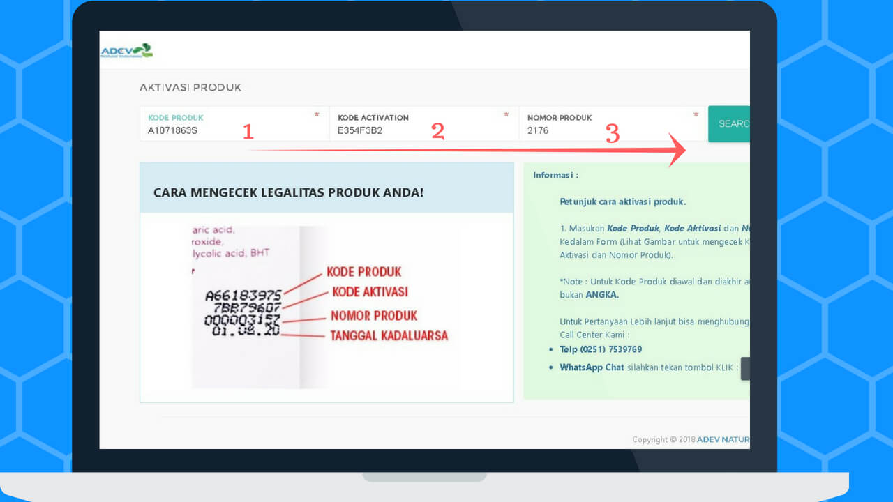 Masukkan kode produk, kode aktivasi dan nomor produk adev via komputer